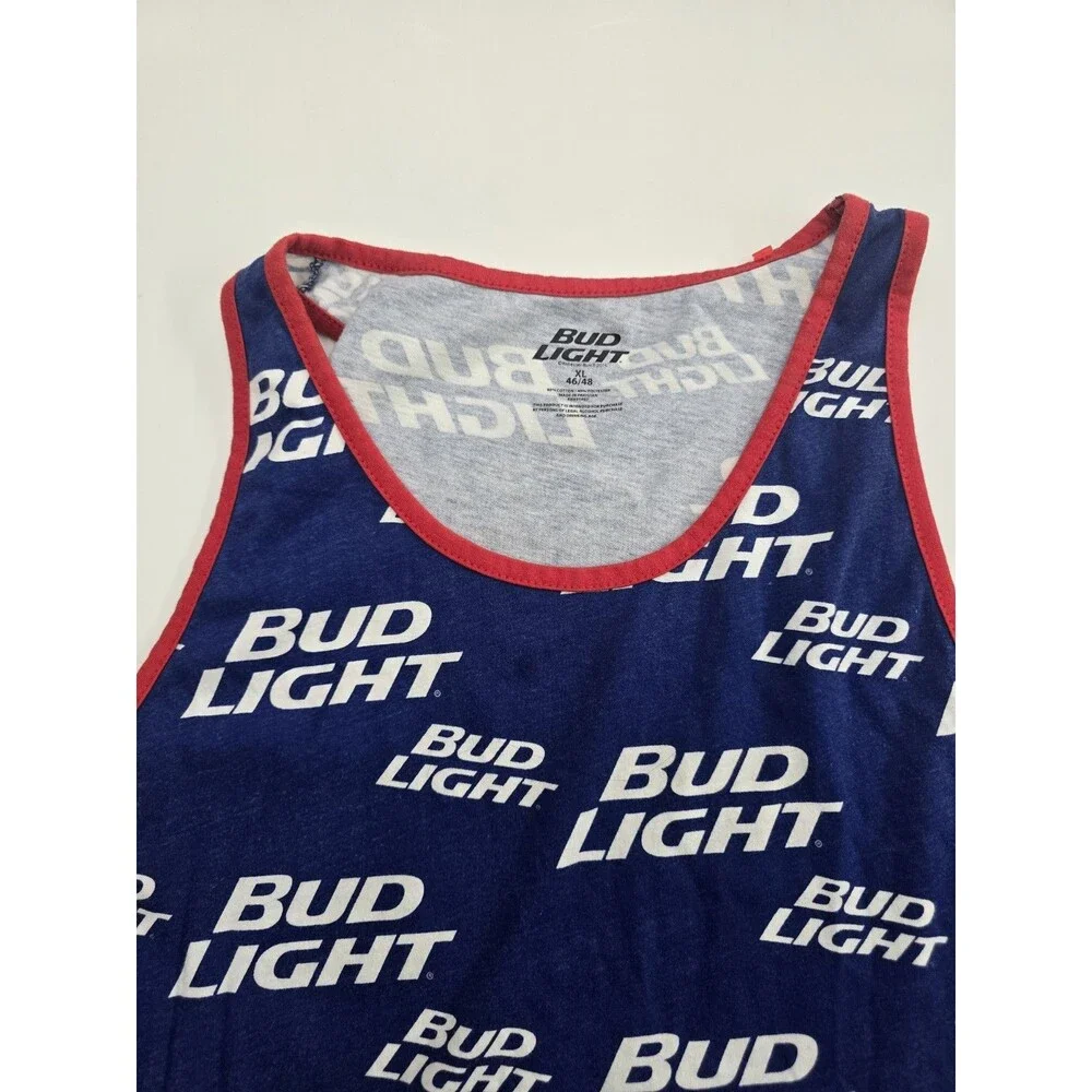 Bud Light Beer Men's Tank Top All Over Print Logo Blue Red Trim Size XL 46/48